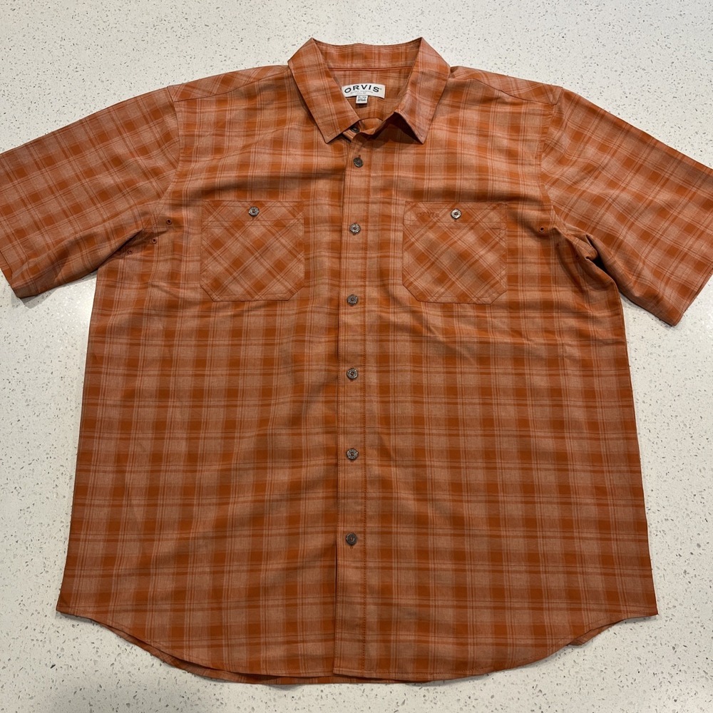 Orvis Shirt Mens XL Orange Check Performance Outdoor Button Up Short Sleeve